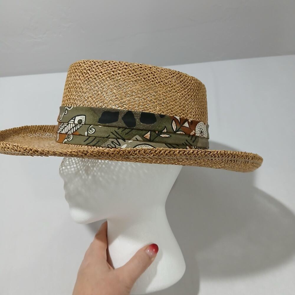 Country Gentleman Hat Boater Fitted Mens Natural Straw Wide Brim Band USA
